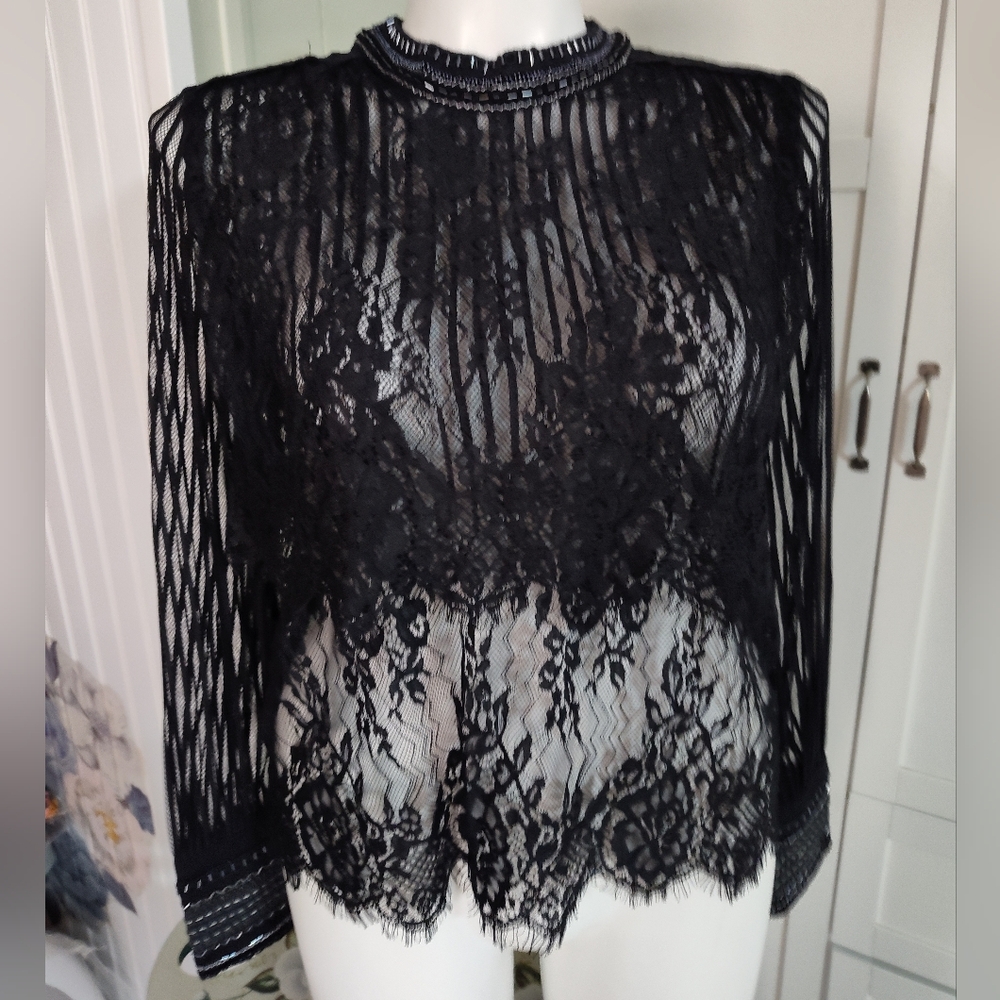 Blank London Anthropologie Black Lace Boho Chic Top Oversized Small (Fits 8-12)